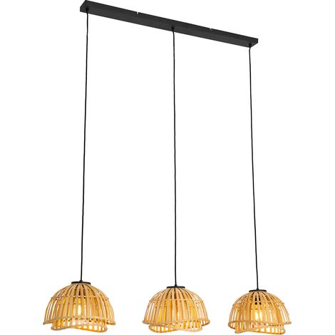 QAZQA Lampada a sospensione tavolo soggiorno pua - Orientale - Bamboo,Acciaio - Legno/Nero - Oblungo Max. 3 x Watt