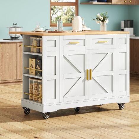 Desserte de cuisine sur roulettes 120x40x90 cm avec 2 tiroirs et plan de travail rabattable, en MDF et métal, blanc