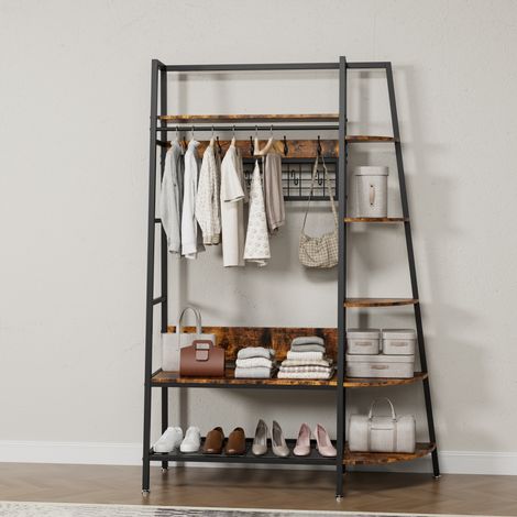 Freistehende Garderobe schwarz-braun aus Metall und Holz mit 3 Ablagen im Industrial-Stil (1/5)