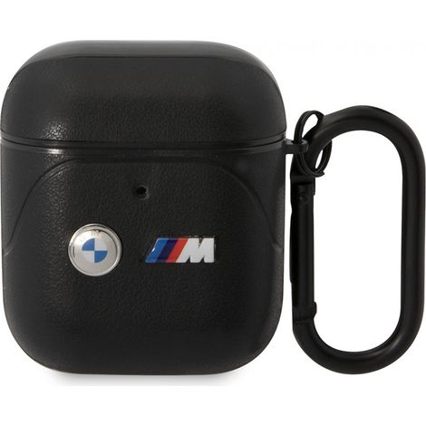 Coque BMW BMA222PVTK pour AirPods 1/2, cuir noir/noir, lignes incurvées