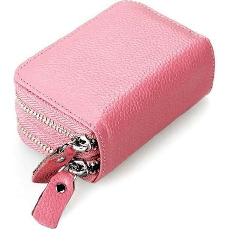 Portefeuille à double fermeture éclair pour femmes en cuir véritable avec blocage RFID (rose),