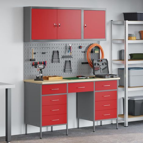 Werkbank mit Schubladen 8 pcs Rot Ingenieure Holz und Stahl (1/5)