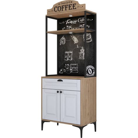 Nemoli Anrichte, Kommode mit Schublade, Regal, Flügeltür, Schiebetür, 70x40x186h cm in Weiß Eiche