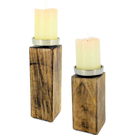 Bougeoirs en bois de manguier - 2 pièces - avec assiette à bougies en aluminium - 20 et 25 cm