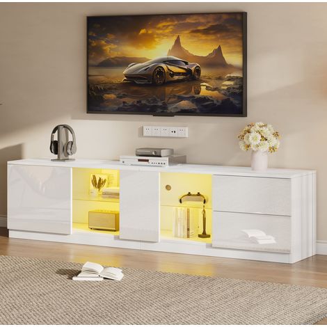 Mobile TV in MDF bianco lucido con LED, 160 x 40 x 52 cm, 2 cassetti e 1 anta, per TV fino a 65" (1/5)