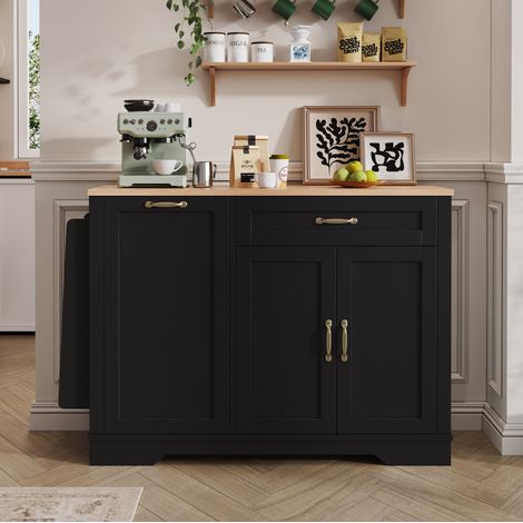 Sideboard en MDF noir et décor bois 115 x 40 x 87 cm, avec niches ouvertes, étagères fixes et 2 tiroirs (1/5)