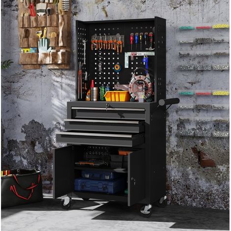 Armario de herramientas sobre ruedas con panel perforado, 3 cajones y estante ajustable, metal negro 67,5x40x88 cm (1/5)