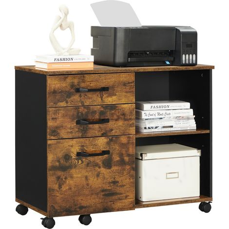 Vasagle – Caisson de bureau 3 tiroirs sur roulettes – Compartiments ouverts pour A4 – Surface 80 x 40 cm pour imprimante – Style industriel marron