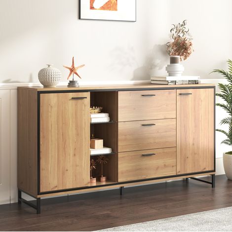 Credenza LED da soggiorno in legno con 3 cassetti e 2 ante, effetto venatura legno, colore nero e naturale (1/5)