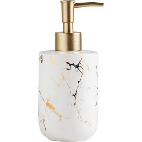Distributeur de savon - - 300 ml - Céramique effet marbre - Pompe rechargeable - Blanc