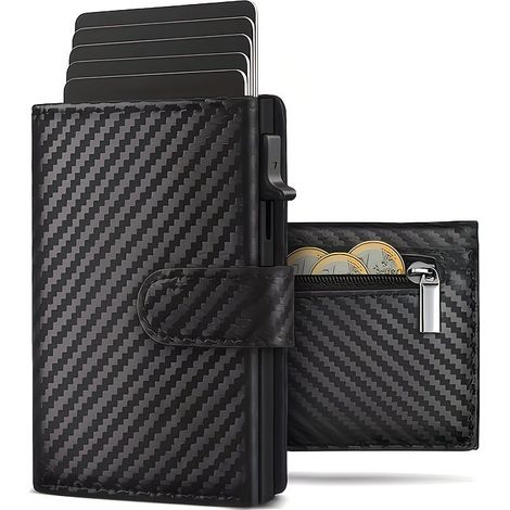 Porte-cartes automatique en fibre de carbone avec blindage RFID, portefeuille court pour homme à plusieurs emplacements pour cartes, avec poche à monnaie zippée et pochette multifonctionnelle pour car (1/5)