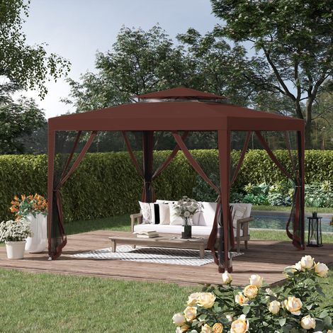 Gazebo da giardino 3m x 3m con 4 zanzariere rimovibili - doppio tetto - marrone