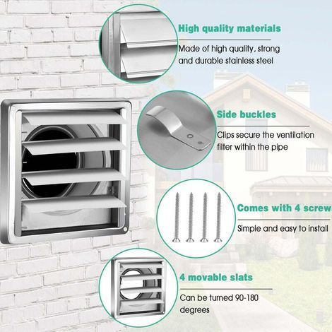 Grille ventilation 150mm Inox à Lames Mobiles, Filet Anti Insectes - Résistante Intempéries - Grille Aération Anti-Retour Automatique - Hotte/Extracteur - Intérieur/Extérieur, (1/4)