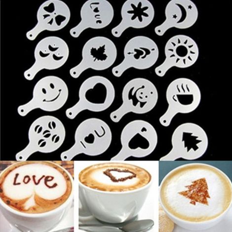 Lot de 16 pochoirs pour décoration de café, latte et cappuccino, accessoires de barista. (1/5)