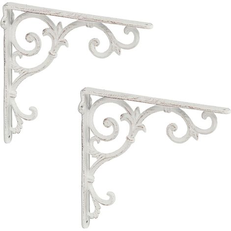 Relaxdays 8x Shelf Brackets, Cast Iron, Rack Support, Vintage Motif, HWD: 24.5 x 4 x 24.5 cm, Angle for Shelves, White