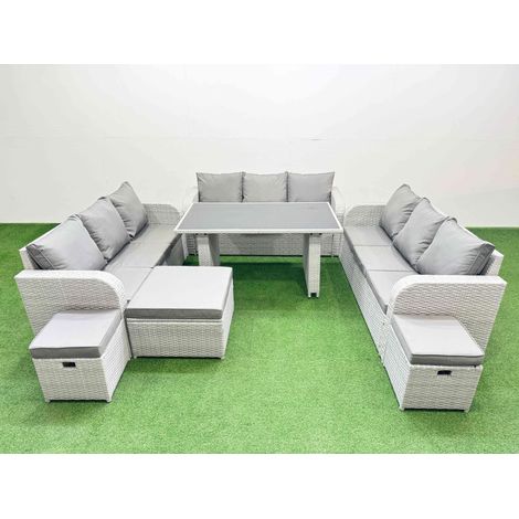 Fimous Patio Garden Furniture Sets with Black Glass Top Dining Table 3 Seater Sofa 3 Stool Light Grey (1/4)