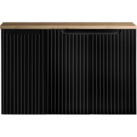 Waschbeckenunterschrank Skelbolu mit 3 Türen 90x60x40cm Schwarz/Eichenoptik [en.casa] (1/5)