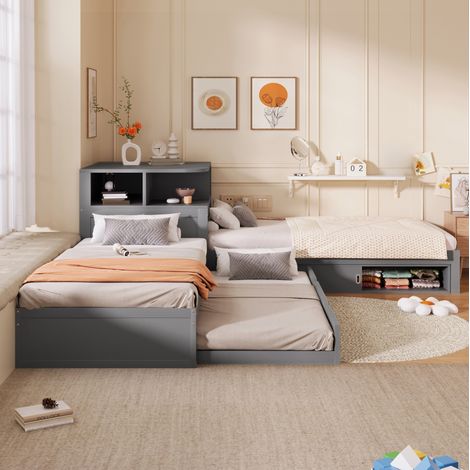 Plattformbett 90x200 cm grau aus Kiefer mit Ausziehbett, Stauraum und Nachtlicht (1/5)