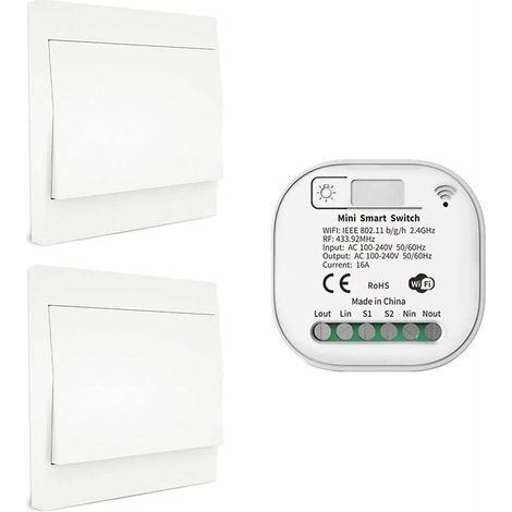 RF433- und WLAN-Funkfernbedienungs-Lichtschalter, keine Batterie, Verkabelung oder Hub erforderlich, kompatibel mit Alexa, Google Home und der Tuya Smart Life App, 2 Schalter, 1 Empfänger-Set (1/4)