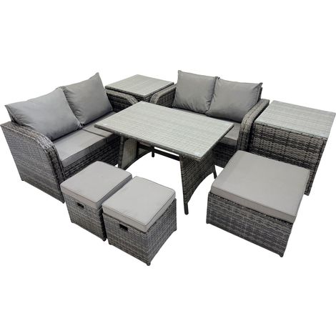 Fimous 7 Seater Garden Outdoor Rattan Furniture Set Rattan Sofa Oblong Dining Table with 2 Side Tables Dark Grey (1/5)