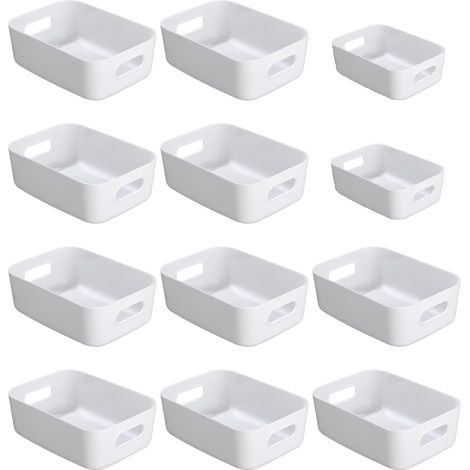 Panier de rangement en plastique,Lot de 12 paniers de rangement empilables avec poignées pour Cuisine,Placard,Bureau (Blanc) (1/4)