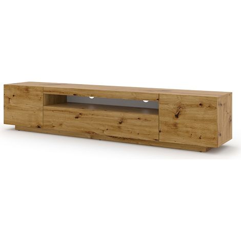Bim Furniture – Meuble TV suspendu 200 cm – Panneau stratifié 16 mm – 2 étagères fermées et 1 ouverte – Gestion des câbles intégrée – Chêne artisanal