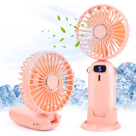 Handventilator, tragbarer Ventilator, kleiner 5-stufiger Taschenventilator mit Standfuß, Mini-USB-Ventilator, leise und leistungsstark, für Tisch, Büro und Outdoor-Einsatz (Pink)