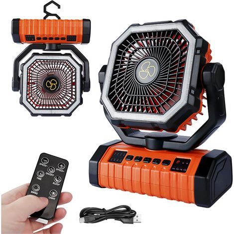 20000mAh Rechargeable Camping Fan with 360° Rotating USB Hook and LED Light (1/5)