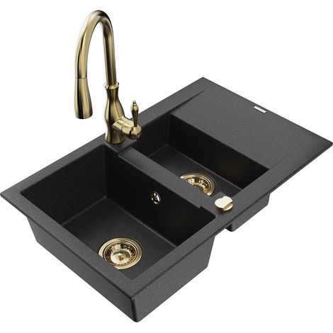 Mexen Gaspar 1,5-Becken-Granitspüle mit Abtropffläche und Mischbatterie Savita, Schwarz/Silber - 650
