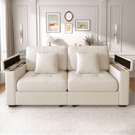 Canapé 180 cm beige – rangement d’accoudoir, sans matelas (1/5)