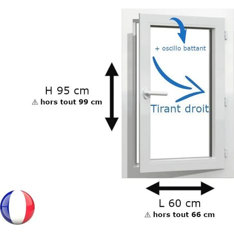 Fenêtre PVC 1 vantail H 95 x L 60 cm OB pour pose en neuf avec poignée - tirant droit (1/5)