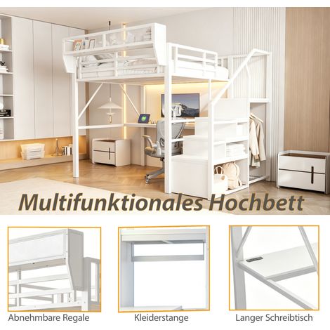 Lit mezzanine 140x200 cm, structure en métal blanc avec bande LED, bureau long intégré, échelle de sécurité et rangement modulable – couchage universel adulte et enfant. (1/5)