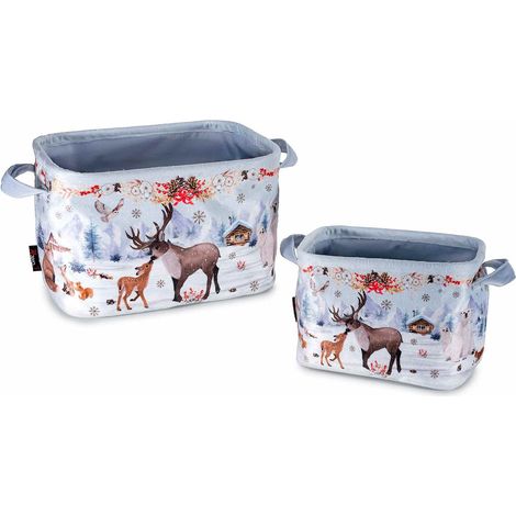 Cestini natalizi in stoffa con manici stampa animali del bosco in set da due pezzi, Grande: cm 30 x 21 x 20 H