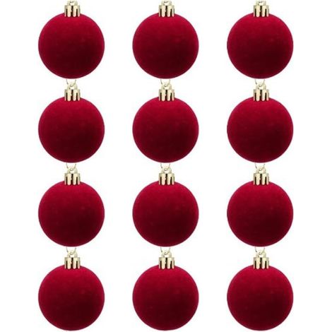 12 pendentifs boules de Noël, boules de Noël en velours bordeaux de 3/5/6/8 cm, boules suspendues floquées solides, adaptées aux décorations de sapin de Noël (3 cm, rouge). (1/5)