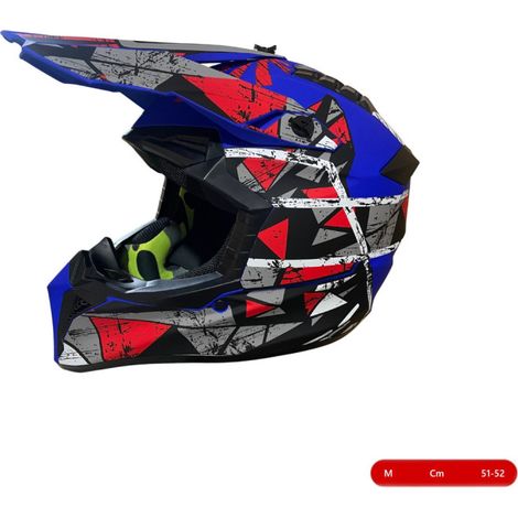 Motocross-/Enduro-Helm für Motorrad, ATV, Fahrrad – Größe M (51–52 cm), mattblau mit rotem/grauem Design