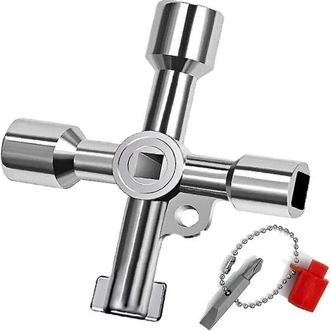 Clé universelle 4 voies pour plombier, clé multifonctionnelle en croix 4 voies pour compteurs d'eau, d'électricité et de gaz, armoires et coffrets. (1/3)