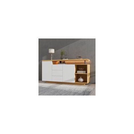 Buffet blanc et bois, buffet de salon, buffet led avec 2 portes, 3 tiroirs, 2 compartiments ouverts (1/5)