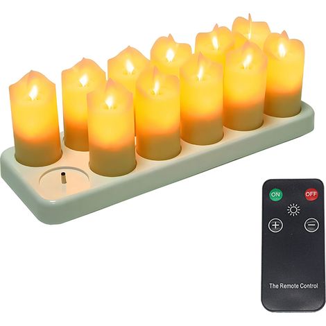 Set mit 12 realistischen, wiederaufladbaren, flammenlosen LED-Kerzen und 4-Tasten-Fernbedienung. Warmgelbe elektrische Kunststoffkerzen für die Dekoration von Zuhause, Halloween, Weihnachten, Partys,  (1/2)