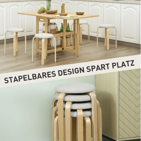 MEUBLIV 4er-Set stapelbare Hocker cremeweiß aus Holz und Stoff in Leinenoptik (1/5)