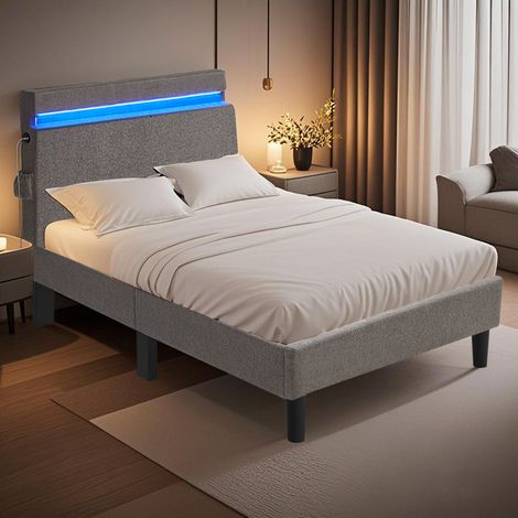Cadre de Lit 1 Place, Tête de Lit Rembourrée Réglable, Lit en Métal avec LED et Ports USB, Chambre Ado, Gris (1/5)