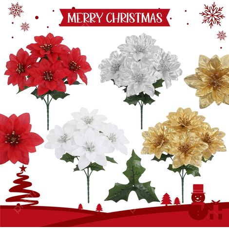 Bouquet De Poinsettia Artificiel - Fleurs En Soie Réalistes - Décoration Intérieure Bureau Fête Mariage Noël - 1 Pièce (1/5)
