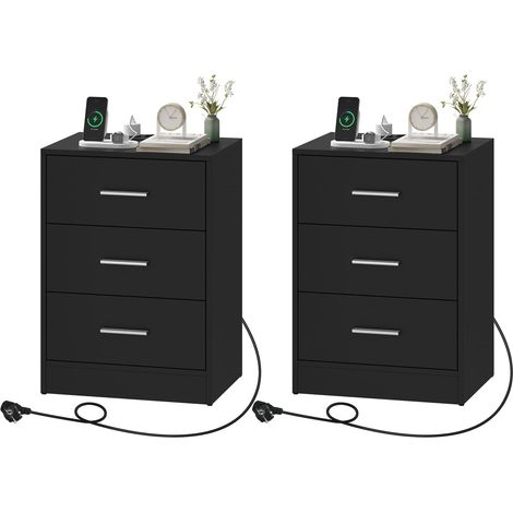WOLTU Set 2 Comodini Camera da Letto Comodino Moderno da Notte con 3 Cassetti Tavolino Laterale da Divano Salotto Cassettiera Cameretta Nero