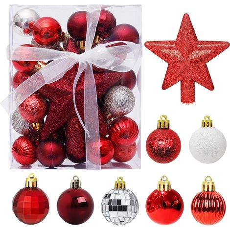 Boules de Noël, 29 Pièces Incassable Boule de Noël en Plastique, Scintillantes, Opaques, Brillantes, pour Decoration Sapin Extérieur ou Intérieure, Ø 3 cm, Rouge et Argent (1/5)
