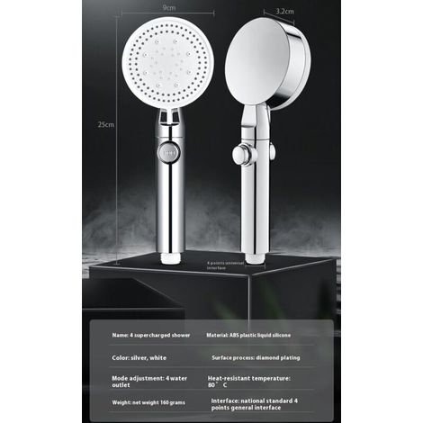 Soffione doccia ad alta pressione, doccetta a mano a risparmio idrico, 5 tipi di getto, portatile, per bagno e spa. Moderno soffione doccia quadrato color argento. (1/4)