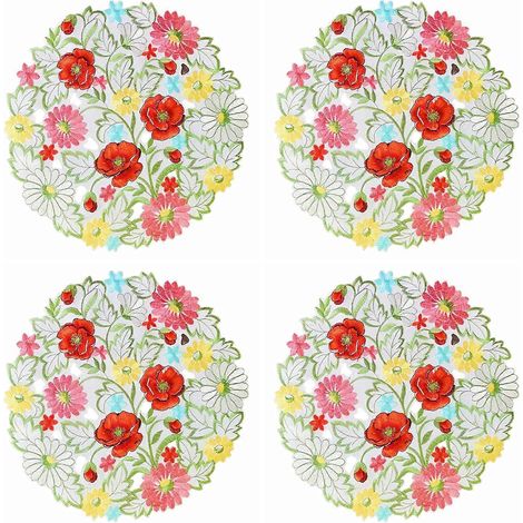 Ensemble de 4 sets de table fleuris brodés, napperon de table ajouré à motifs floraux, décoration de table printemps/été rouge ( (1/4)