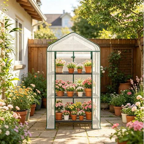 Kompaktes Garten-Gewächshaus 70 x 50 x 130 cm mit 3 Regalen, Rolltür, weiß HAVRYA (1/3)