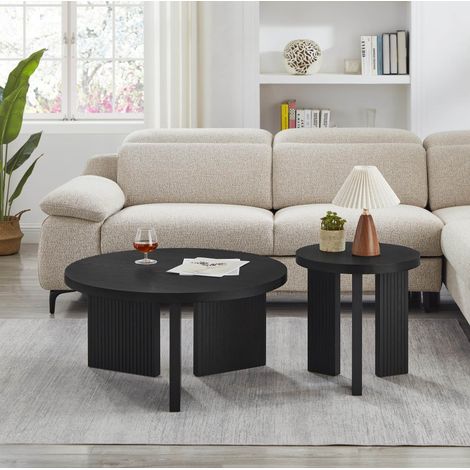 Set 2 tavolini rotondi da salotto con struttura scanalata, design salvaspazio, MDF - nero (1/5)