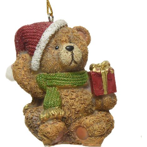 Kaemingk – Suspension de Noël ours en peluche marron avec cadeau rouge, 4,4 cm, polyrésine