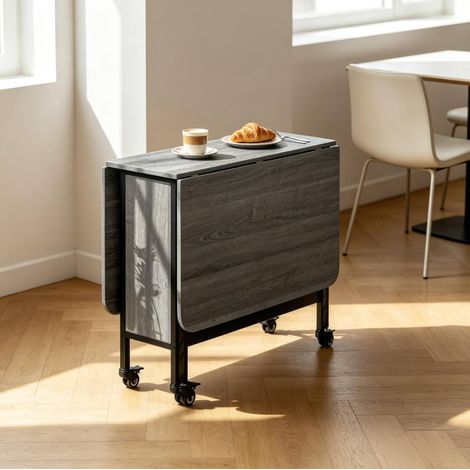 Mesa de comedor plegable (130x80x74 cm), con ruedas y estante, tablero de partículas y metal gris (1/5)