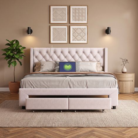 Lit 180x200 avec 2 tiroirs, USB Prise, lit led 180x200 avec sommier à lattes, lit adulte avec rangement, tissu en Velours, beige (1/5)